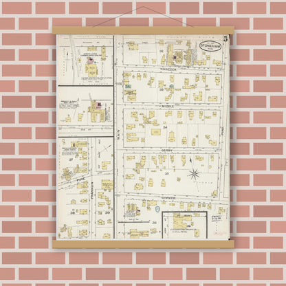 Old map wall art mockup — magnetic wood frame on brick wall — Sanborn Fire Insurance Map from Stoneham, Middlesex County, Massachusetts (1887), Sheet #0005