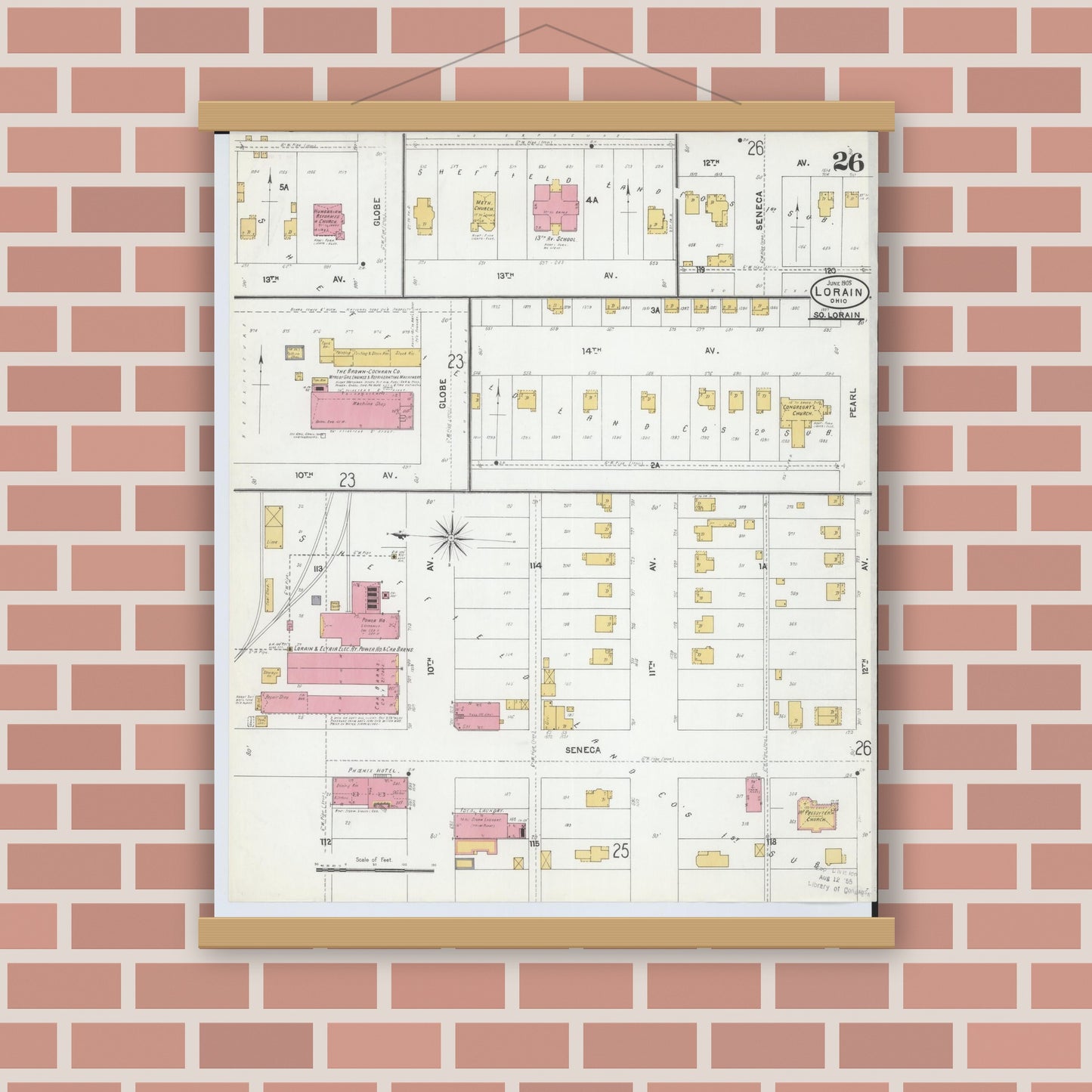 Old map wall art mockup — magnetic wood frame on brick wall — Sanborn Fire Insurance Map from Lorain, Lorain County, Ohio (1905), Sheet #0026