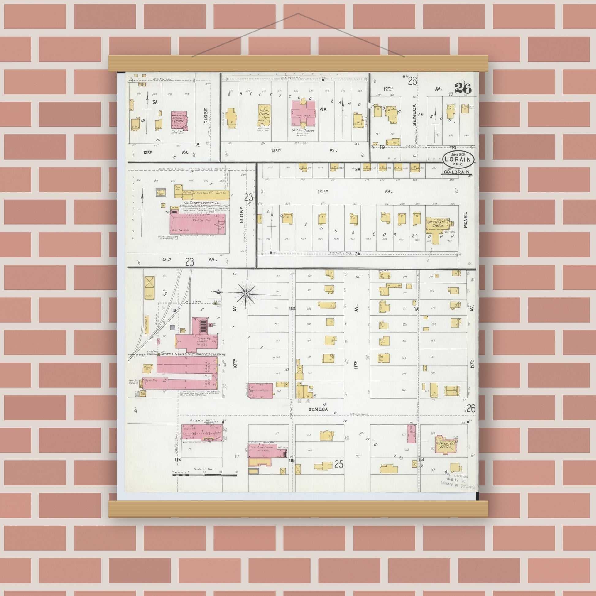 Old map wall art mockup — magnetic wood frame on brick wall — Sanborn Fire Insurance Map from Lorain, Lorain County, Ohio (1905), Sheet #0026