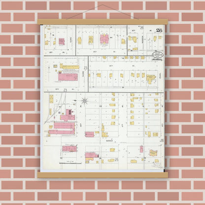 Old map wall art mockup — magnetic wood frame on brick wall — Sanborn Fire Insurance Map from Lorain, Lorain County, Ohio (1905), Sheet #0026