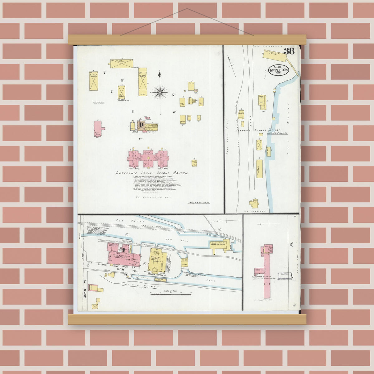 Old map wall art mockup — magnetic wood frame on brick wall — Sanborn Fire Insurance Map from Appleton, Outagamie County, Wisconsin (1901), Sheet #0038