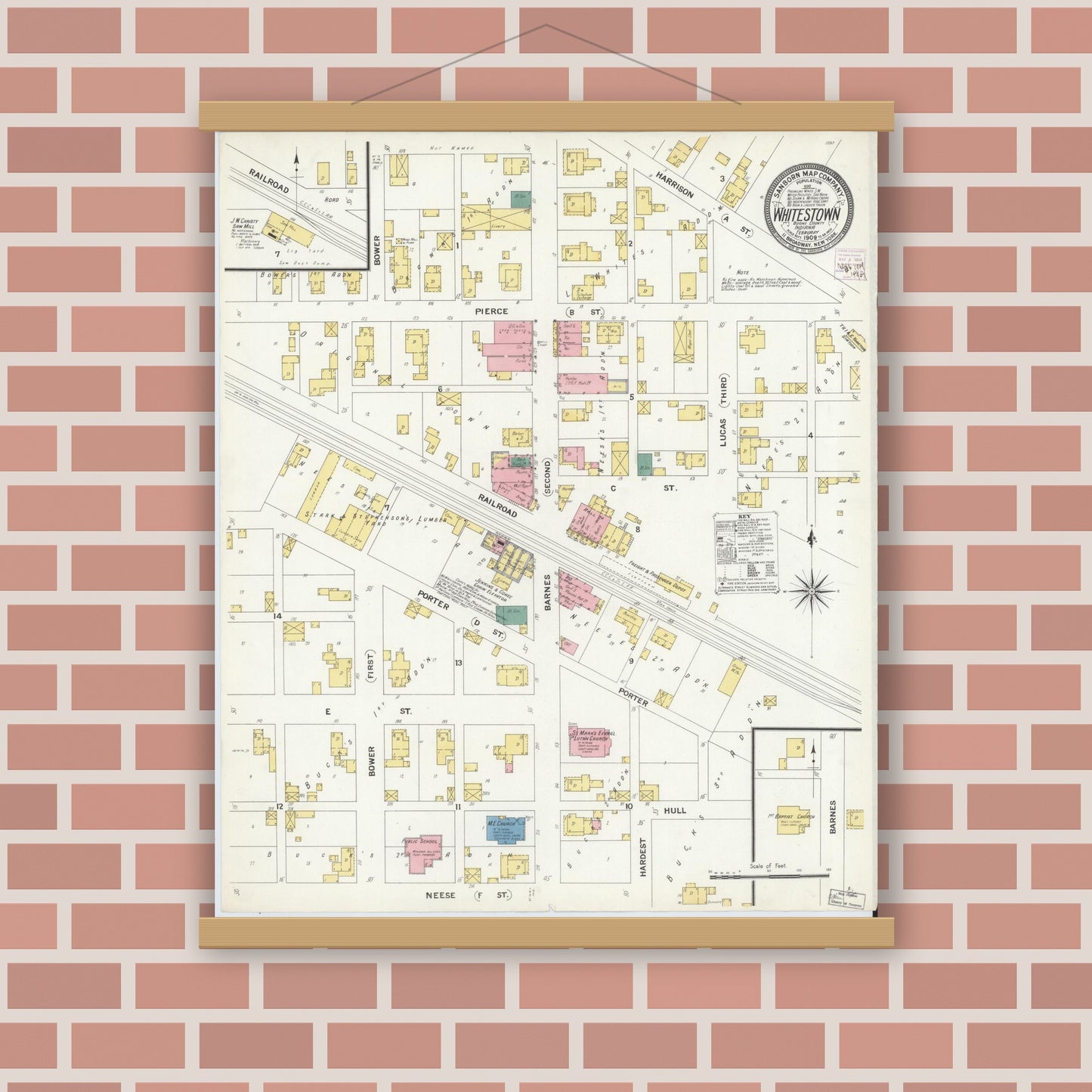 Old map wall art mockup — magnetic wood frame on brick wall — Sanborn Fire Insurance Map from Whitestown, Boone County, Indiana (1909), Sheet #0001
