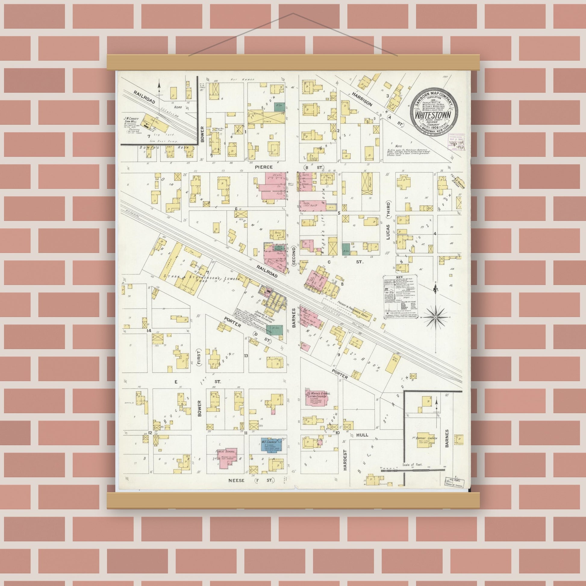 Old map wall art mockup — magnetic wood frame on brick wall — Sanborn Fire Insurance Map from Whitestown, Boone County, Indiana (1909), Sheet #0001