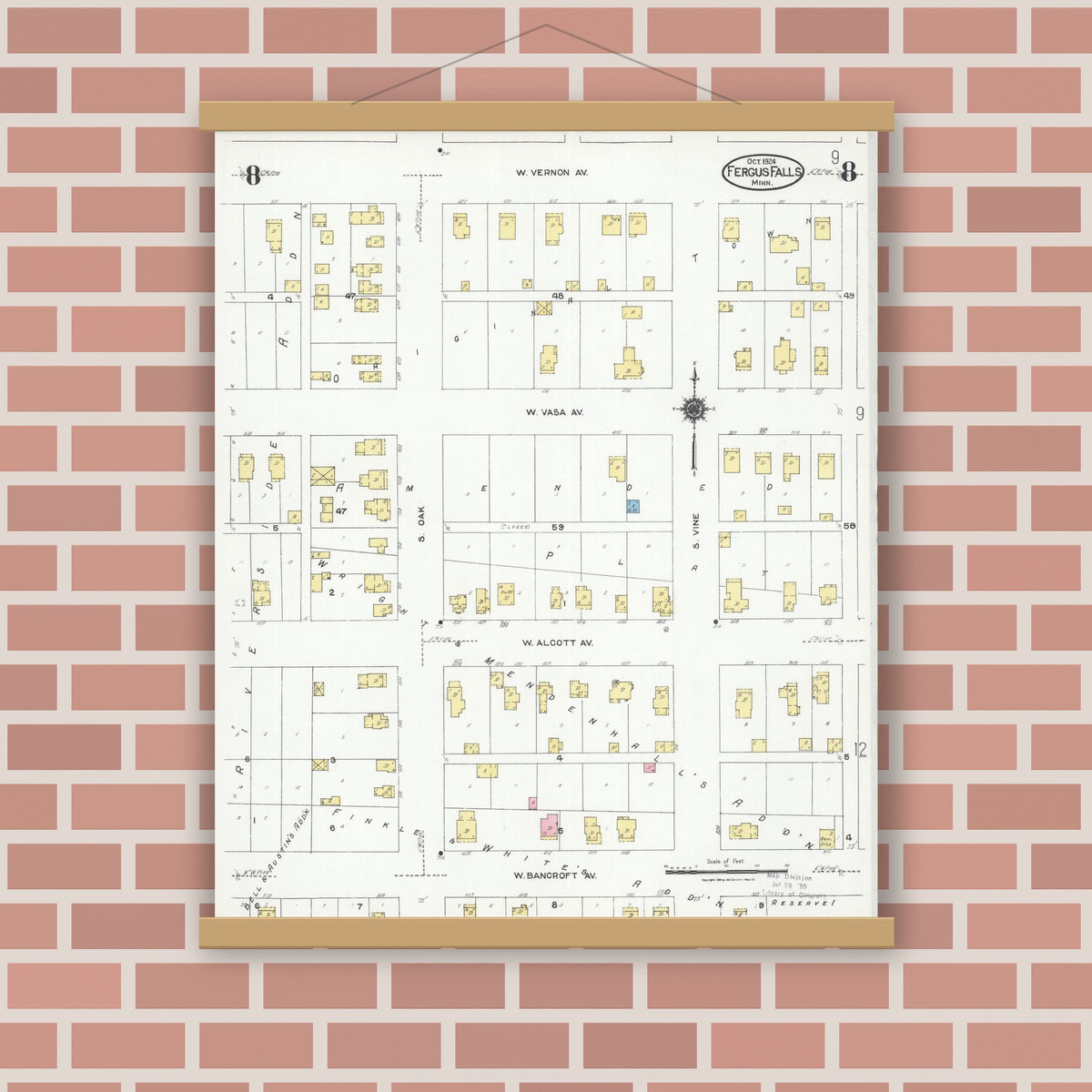 Old map wall art mockup — magnetic wood frame on brick wall — Sanborn Fire Insurance Map from Fergus Falls, Otter Tail County, Minnesota (1924), Sheet #0008