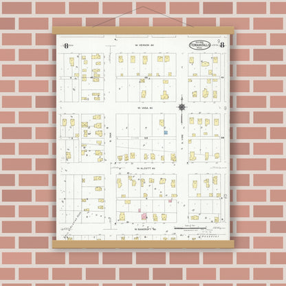Old map wall art mockup — magnetic wood frame on brick wall — Sanborn Fire Insurance Map from Fergus Falls, Otter Tail County, Minnesota (1924), Sheet #0008