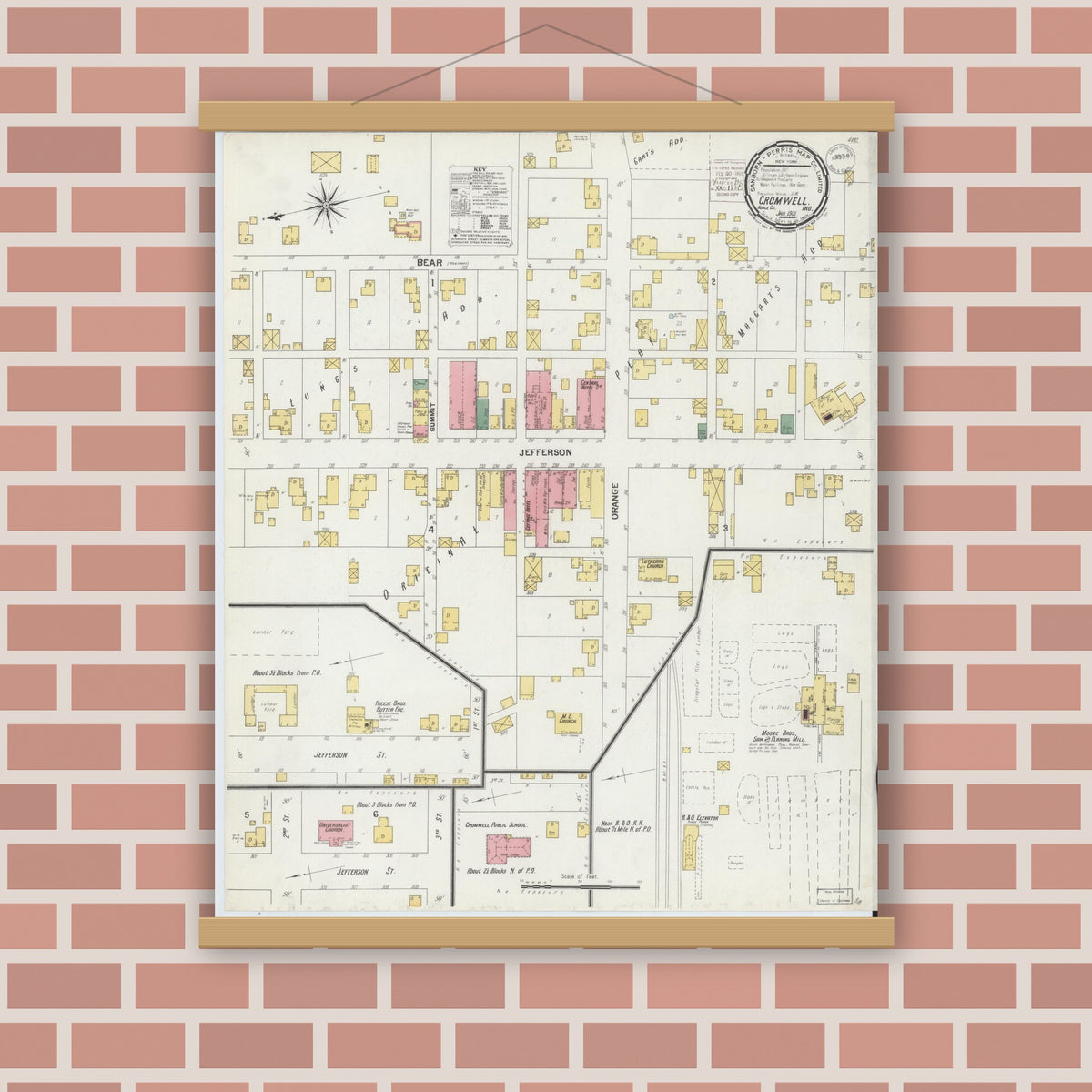 Old map wall art mockup — magnetic wood frame on brick wall — Sanborn Fire Insurance Map from Cromwell, Noble County, Indiana (1901), Sheet #0001