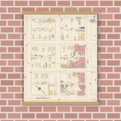 Old map wall art mockup — magnetic wood frame on brick wall — Sanborn Fire Insurance Map from Madera, Madera County, California (1912), Sheet #0007