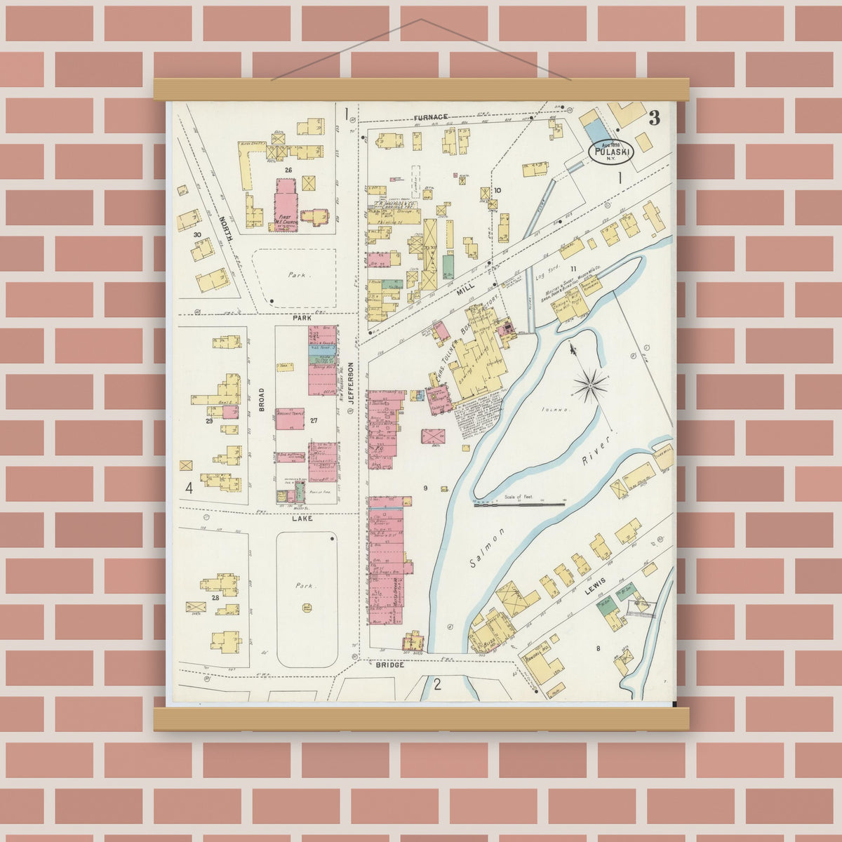 Old map wall art mockup — magnetic wood frame on brick wall — Sanborn Fire Insurance Map from Pulaski, Oswego County, New York (1898), Sheet #0003