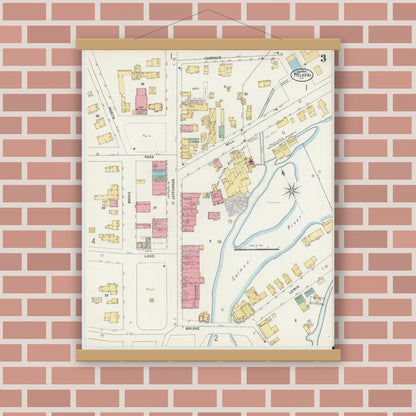 Old map wall art mockup — magnetic wood frame on brick wall — Sanborn Fire Insurance Map from Pulaski, Oswego County, New York (1898), Sheet #0003