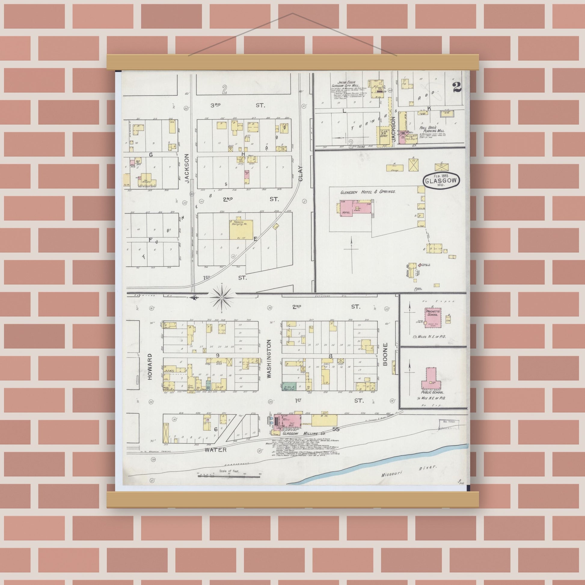 Old map wall art mockup — magnetic wood frame on brick wall — Sanborn Fire Insurance Map from Glasgow, Howard County, Missouri (1893), Sheet #0002