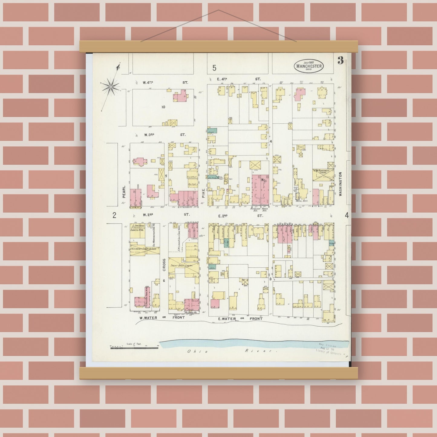 Old map wall art mockup — magnetic wood frame on brick wall — Sanborn Fire Insurance Map from Manchester, Adams County, Ohio (1897), Sheet #0003