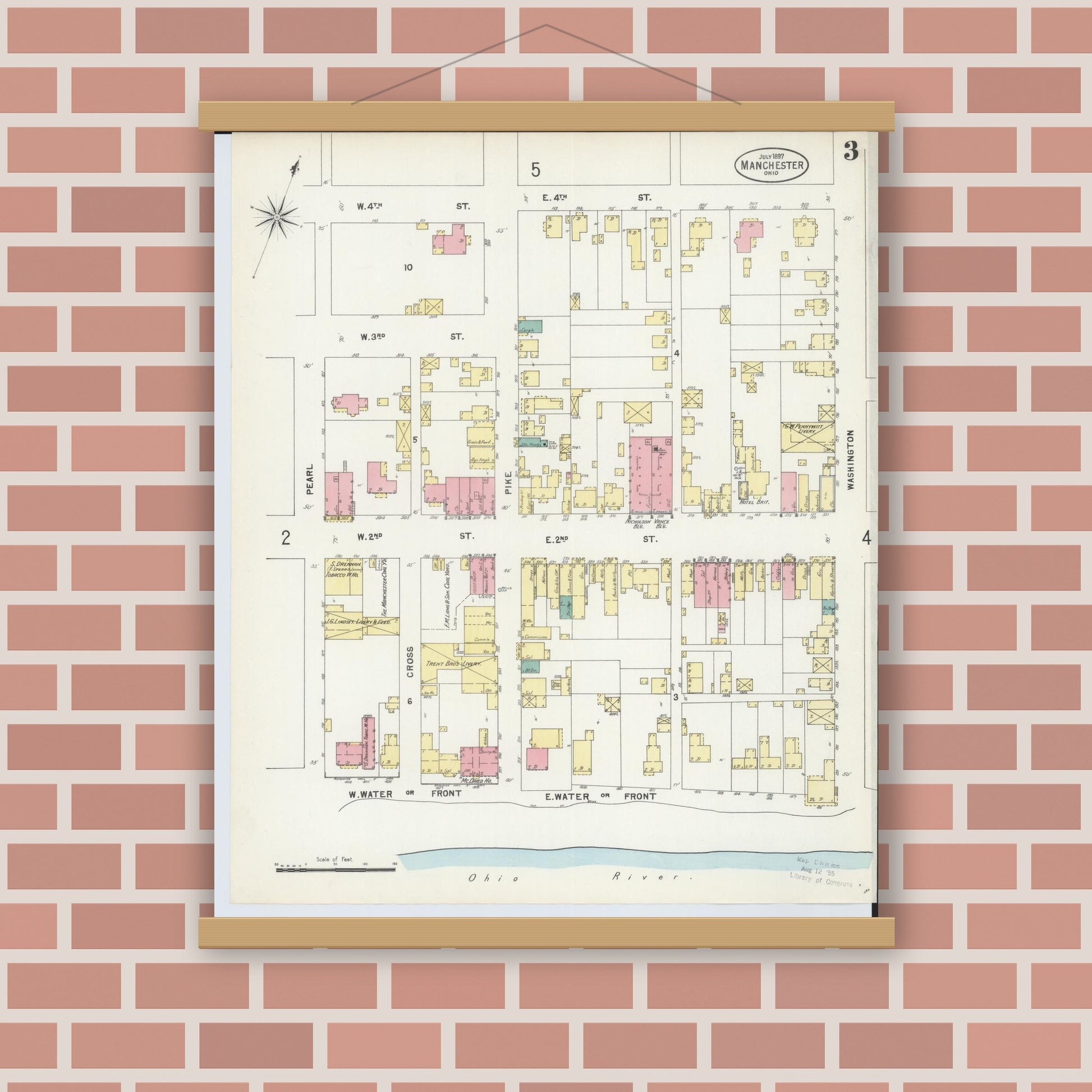 Old map wall art mockup — magnetic wood frame on brick wall — Sanborn Fire Insurance Map from Manchester, Adams County, Ohio (1897), Sheet #0003