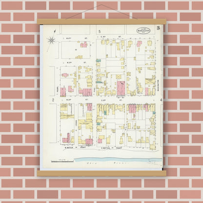 Old map wall art mockup — magnetic wood frame on brick wall — Sanborn Fire Insurance Map from Manchester, Adams County, Ohio (1897), Sheet #0003
