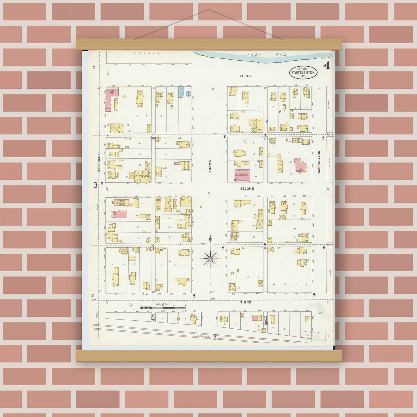 Old map wall art mockup — magnetic wood frame on brick wall — Sanborn Fire Insurance Map from Port Clinton, Ottawa County, Ohio (1898), Sheet #0004