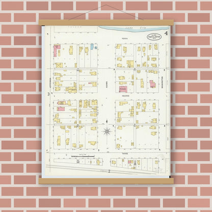 Old map wall art mockup — magnetic wood frame on brick wall — Sanborn Fire Insurance Map from Port Clinton, Ottawa County, Ohio (1898), Sheet #0004