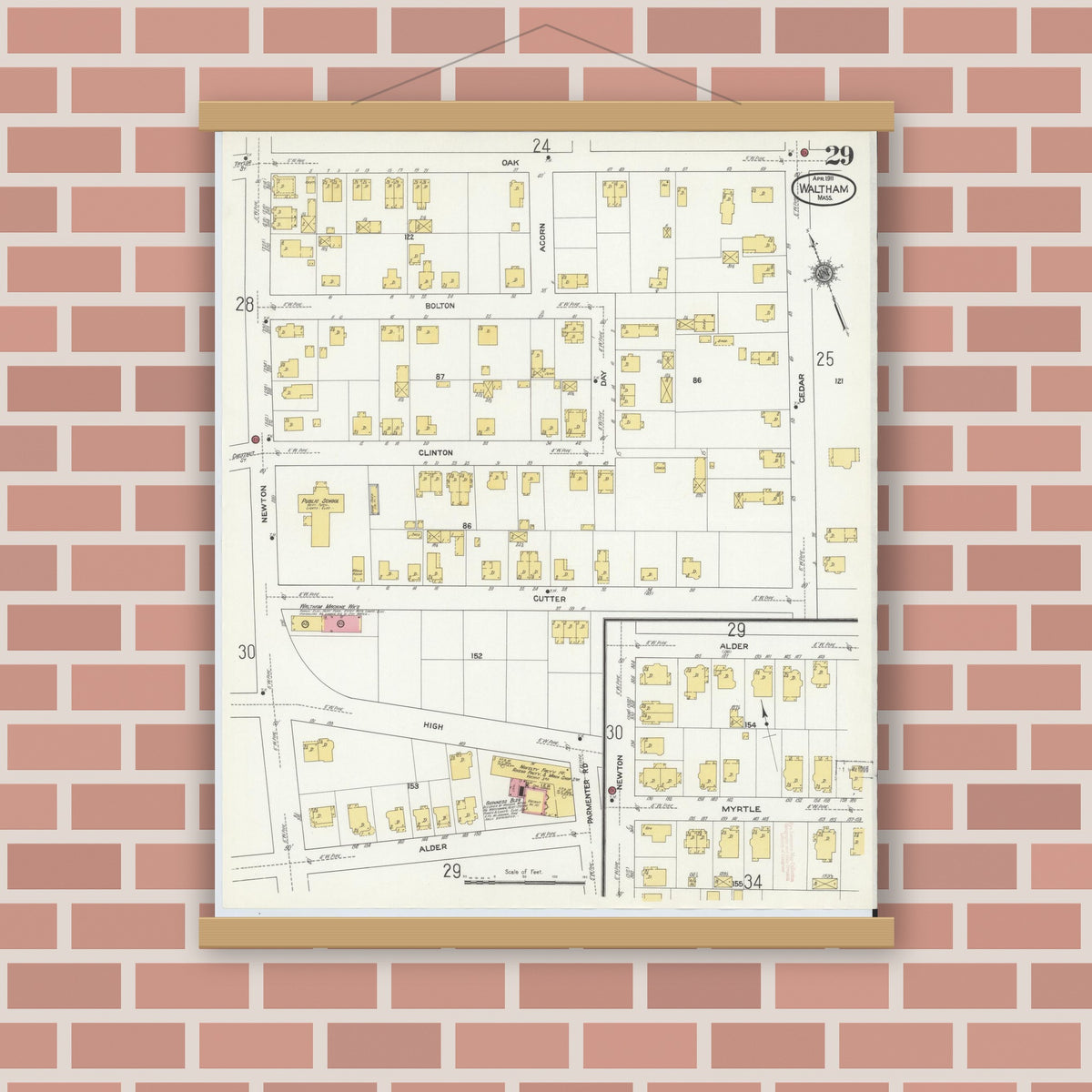 Old map wall art mockup — magnetic wood frame on brick wall — Sanborn Fire Insurance Map from Waltham, Middlesex County, Massachusetts (1911), Sheet #0029