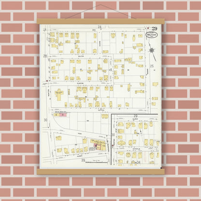 Old map wall art mockup — magnetic wood frame on brick wall — Sanborn Fire Insurance Map from Waltham, Middlesex County, Massachusetts (1911), Sheet #0029