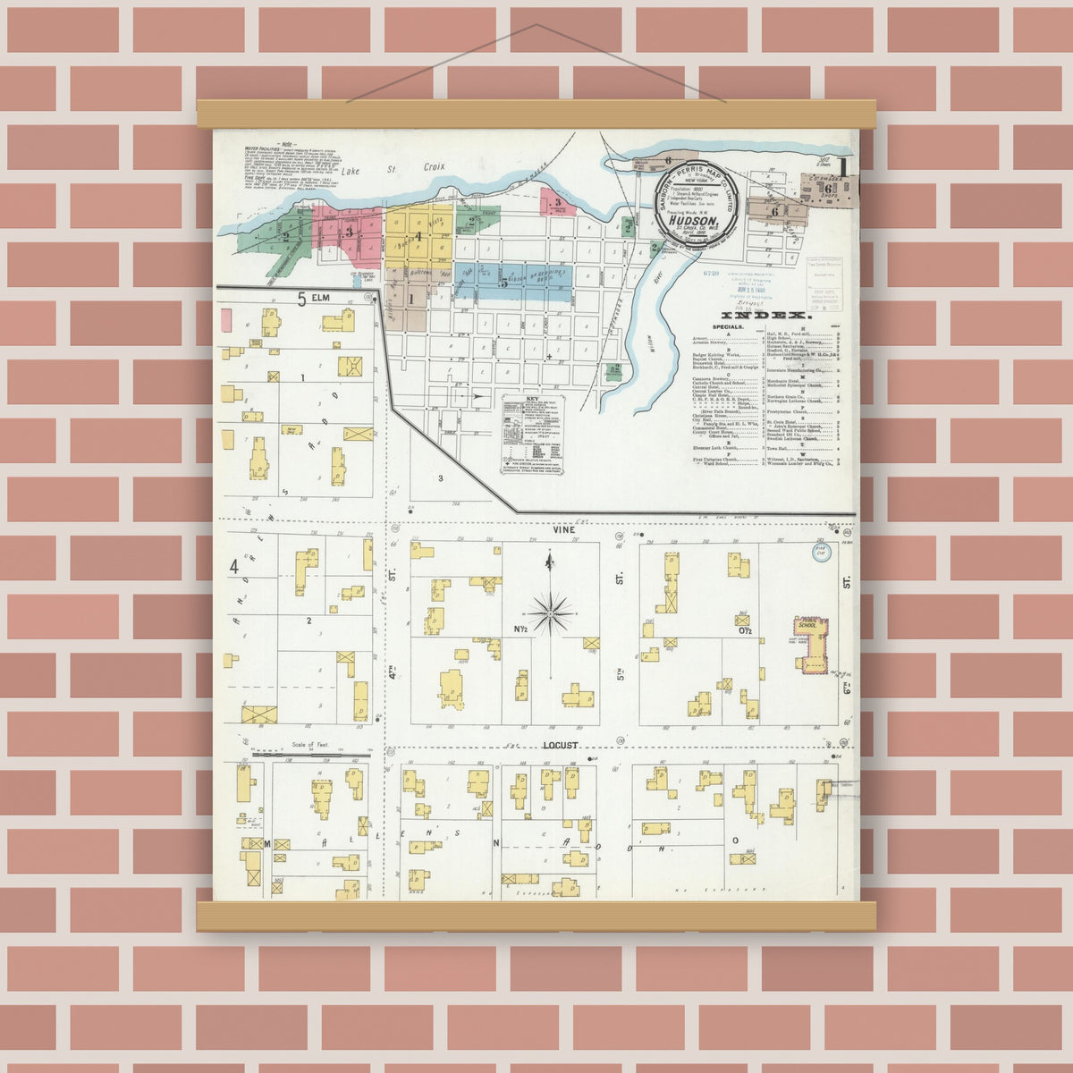 Old map wall art mockup — magnetic wood frame on brick wall — Sanborn Fire Insurance Map from Hudson, St. Croix County, Wisconsin (1900) - Complete Map Set