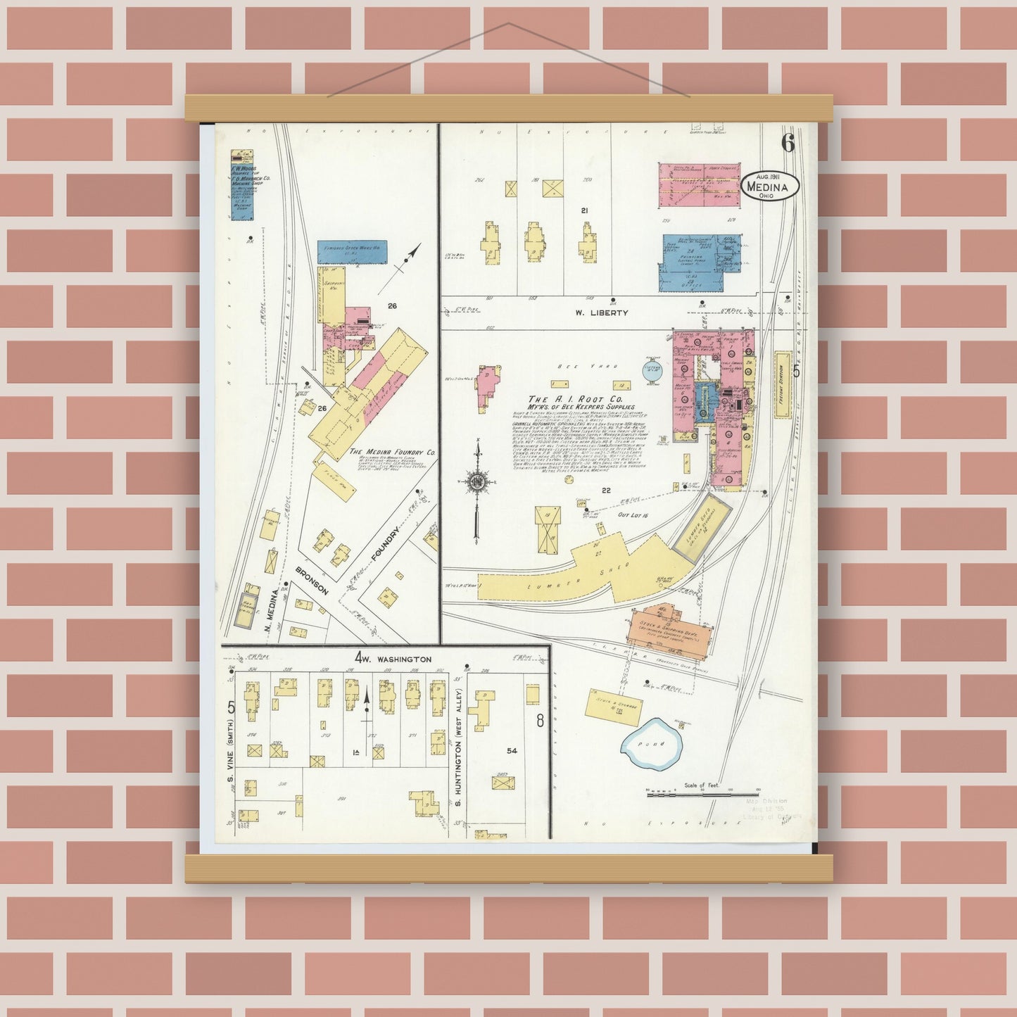 Old map wall art mockup — magnetic wood frame on brick wall — Sanborn Fire Insurance Map from Medina, Medina County, Ohio (1911), Sheet #0006
