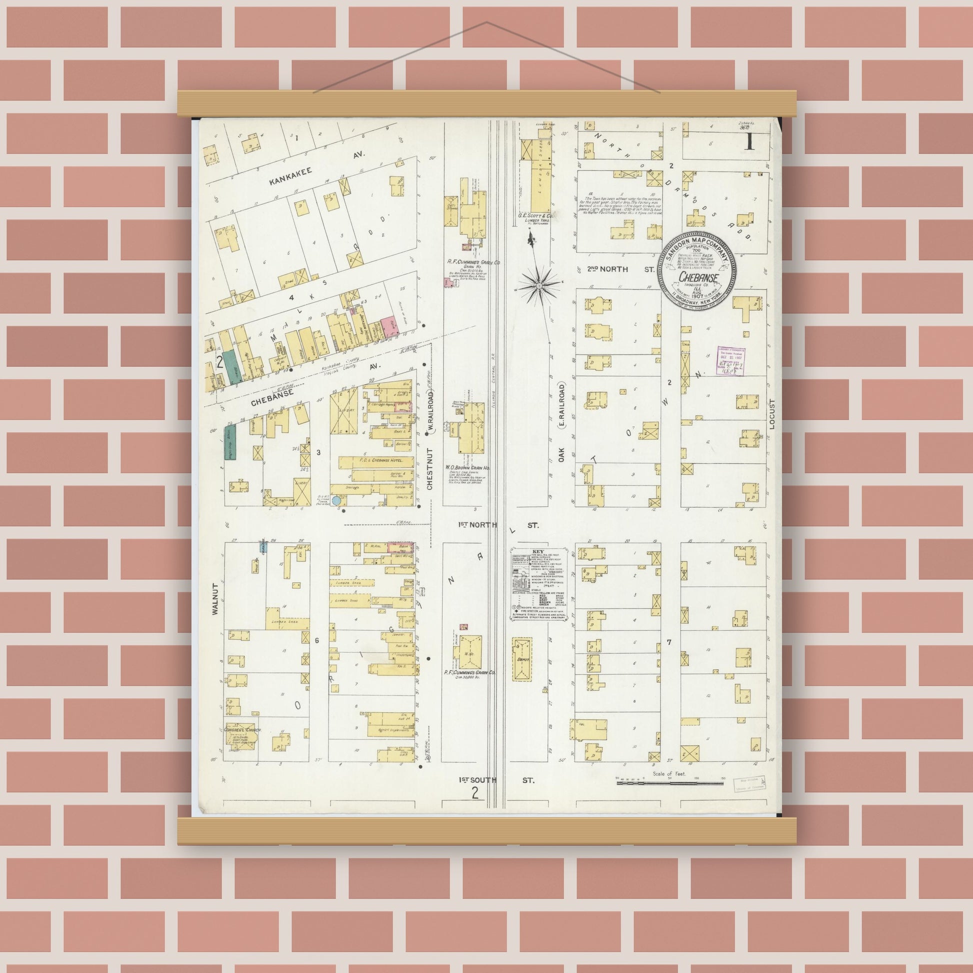 Old map wall art mockup — magnetic wood frame on brick wall — Sanborn Fire Insurance Map from Chebanse, Iroquois And Kankakee County, Illinois (1907), Sheet #0001