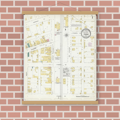 Old map wall art mockup — magnetic wood frame on brick wall — Sanborn Fire Insurance Map from Chebanse, Iroquois And Kankakee County, Illinois (1907), Sheet #0001