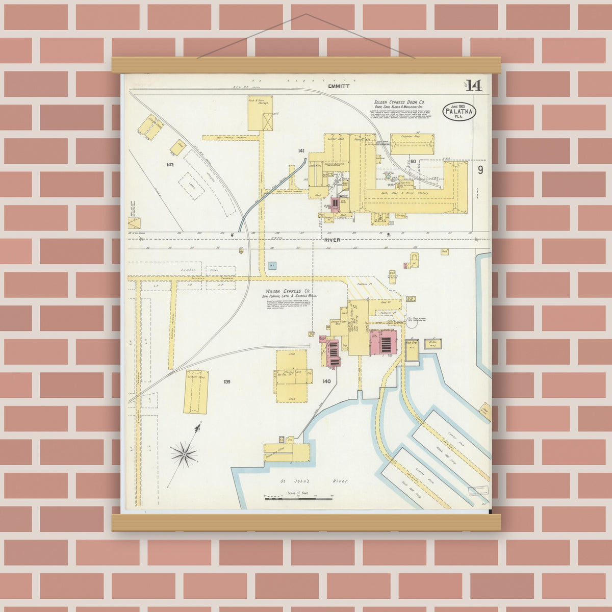 Old map wall art mockup — magnetic wood frame on brick wall — Sanborn Fire Insurance Map from Palatka, Putnam County, Florida (1903), Sheet #0014