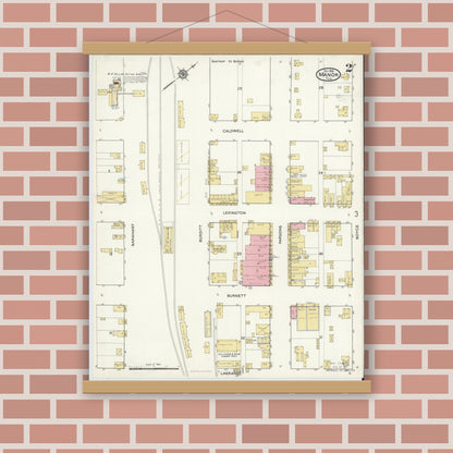 Old map wall art mockup — magnetic wood frame on brick wall — Sanborn Fire Insurance Map from Manor, Travis County, Texas (1916), Sheet #0002