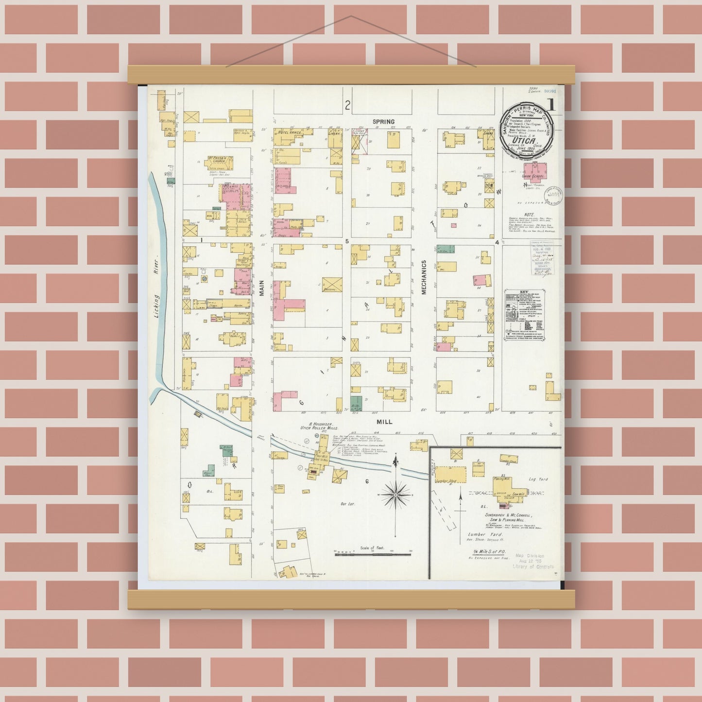 Old map wall art mockup — magnetic wood frame on brick wall — Sanborn Fire Insurance Map from Utica, Licking County, Ohio (1900), Sheet #0001
