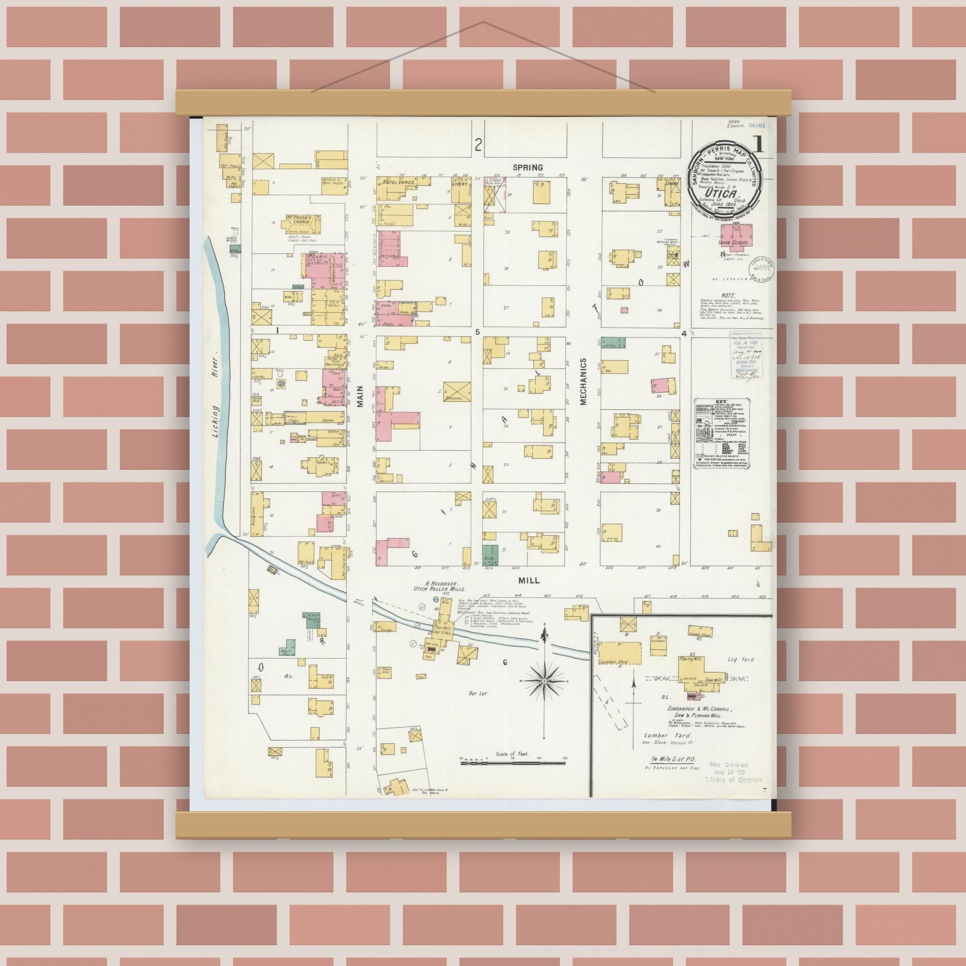 Old map wall art mockup — magnetic wood frame on brick wall — Sanborn Fire Insurance Map from Utica, Licking County, Ohio (1900), Sheet #0001