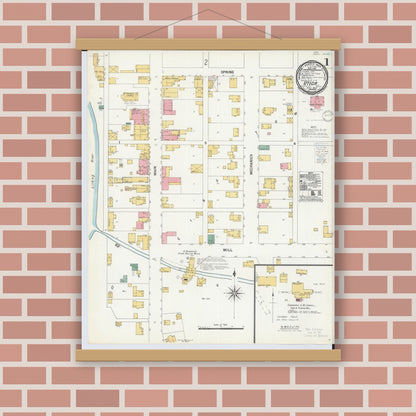 Old map wall art mockup — magnetic wood frame on brick wall — Sanborn Fire Insurance Map from Utica, Licking County, Ohio (1900), Sheet #0001