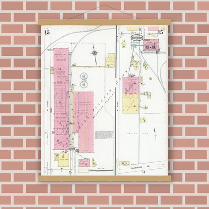Old map wall art mockup — magnetic wood frame on brick wall — Sanborn Fire Insurance Map from Waukegan, Lake County, Illinois (1924), Sheet #0015