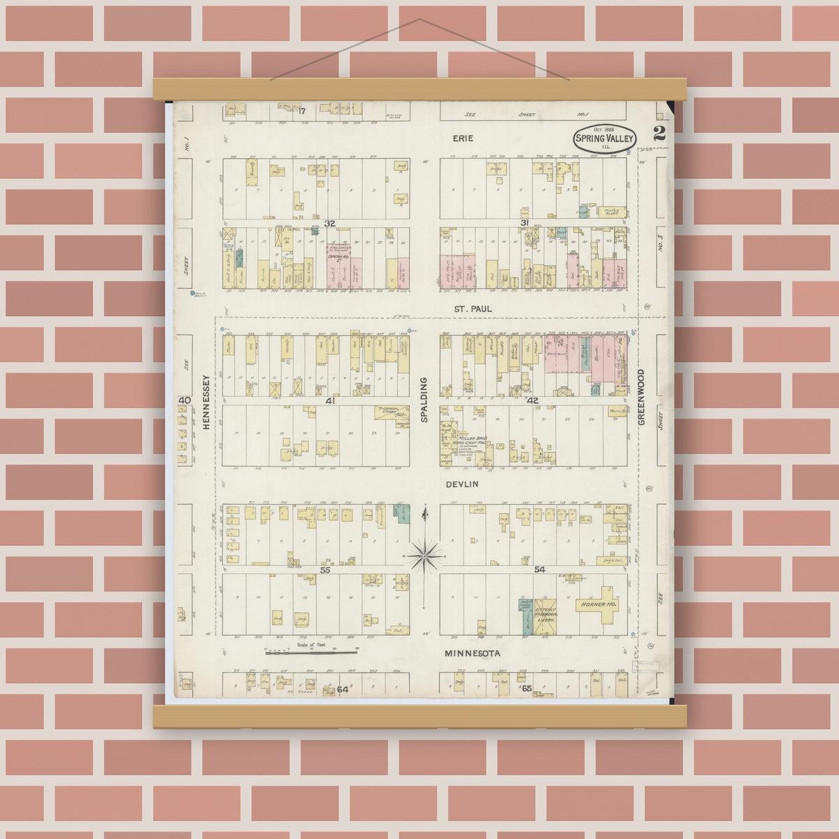Old map wall art mockup — magnetic wood frame on brick wall — Sanborn Fire Insurance Map from Spring Valley, Bureau County, Illinois (1888), Sheet #0002