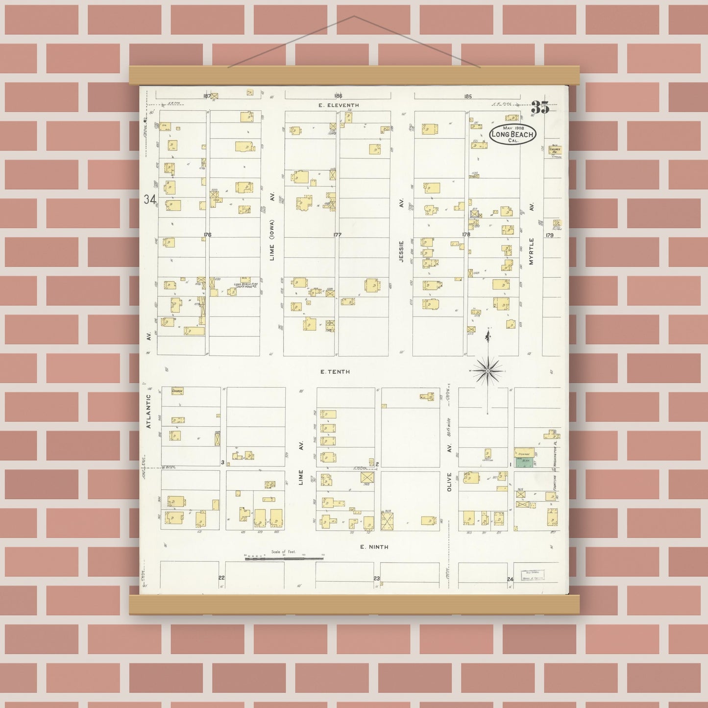 Old map wall art mockup — magnetic wood frame on brick wall — Sanborn Fire Insurance Map from Long Beach, Los Angeles County, California (1908), Sheet #0035