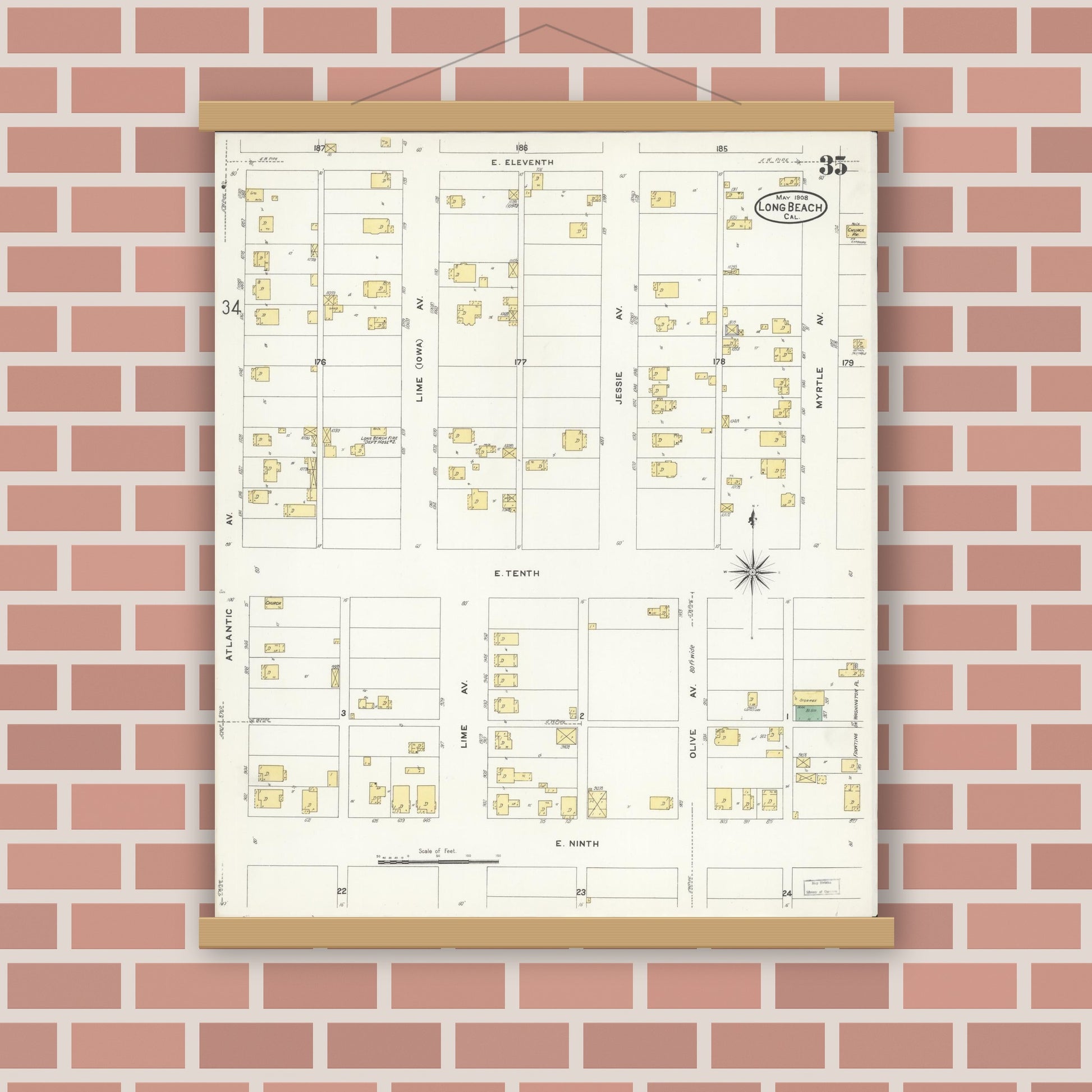 Old map wall art mockup — magnetic wood frame on brick wall — Sanborn Fire Insurance Map from Long Beach, Los Angeles County, California (1908), Sheet #0035