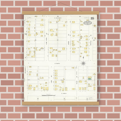 Old map wall art mockup — magnetic wood frame on brick wall — Sanborn Fire Insurance Map from Long Beach, Los Angeles County, California (1908), Sheet #0035