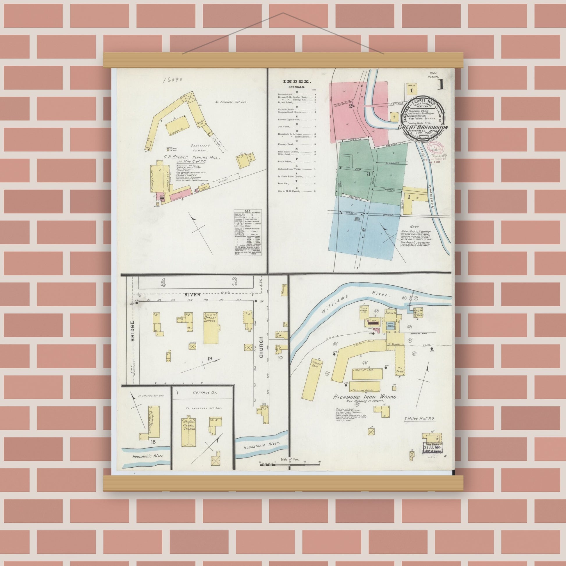 Old map wall art mockup — magnetic wood frame on brick wall — Sanborn Fire Insurance Map from Great Barrington, Berkshire County, Massachusetts (1895) - Complete Map Set