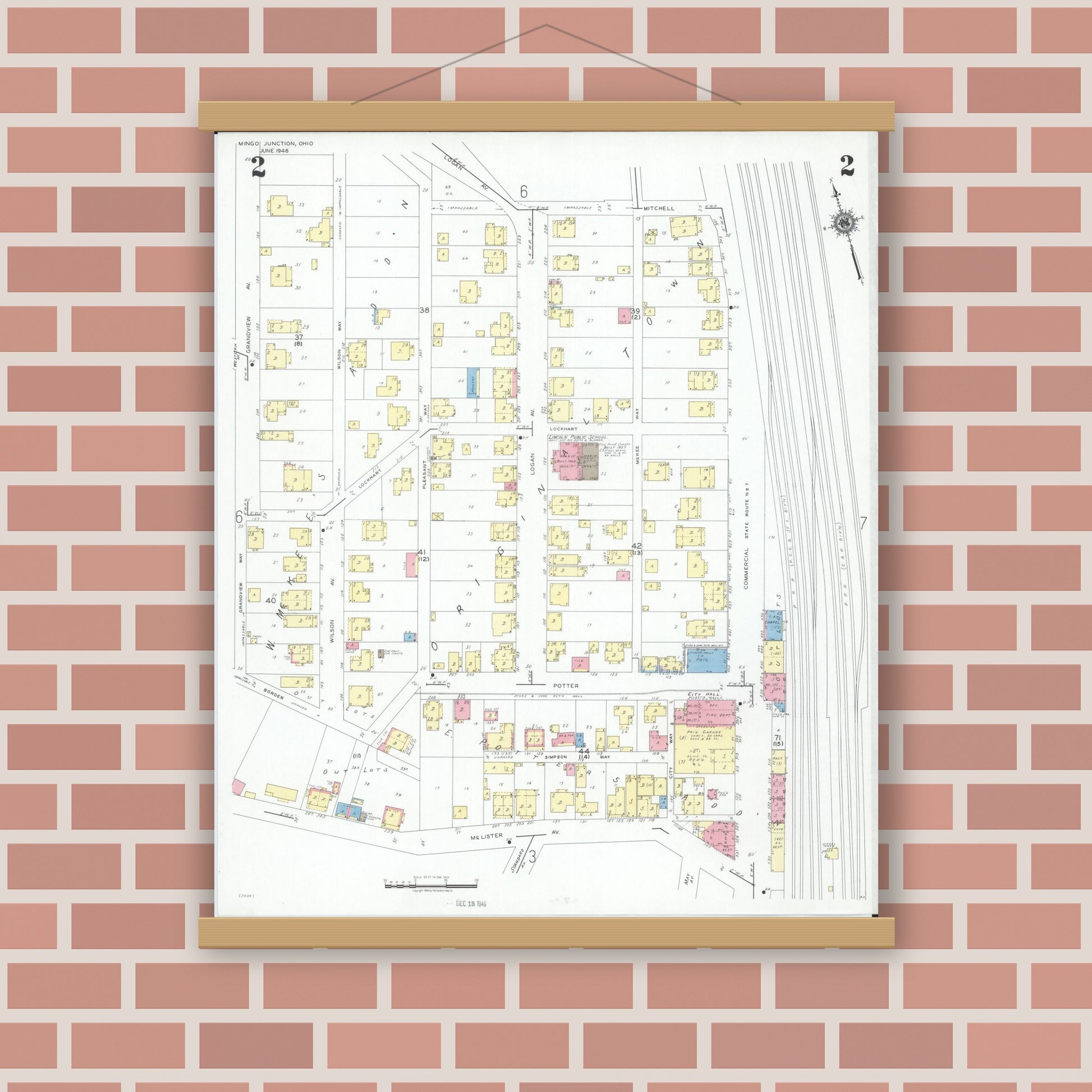 Old map wall art mockup — magnetic wood frame on brick wall — Sanborn Fire Insurance Map from Mingo Junction, Jefferson County, Ohio (1946), Sheet #0002