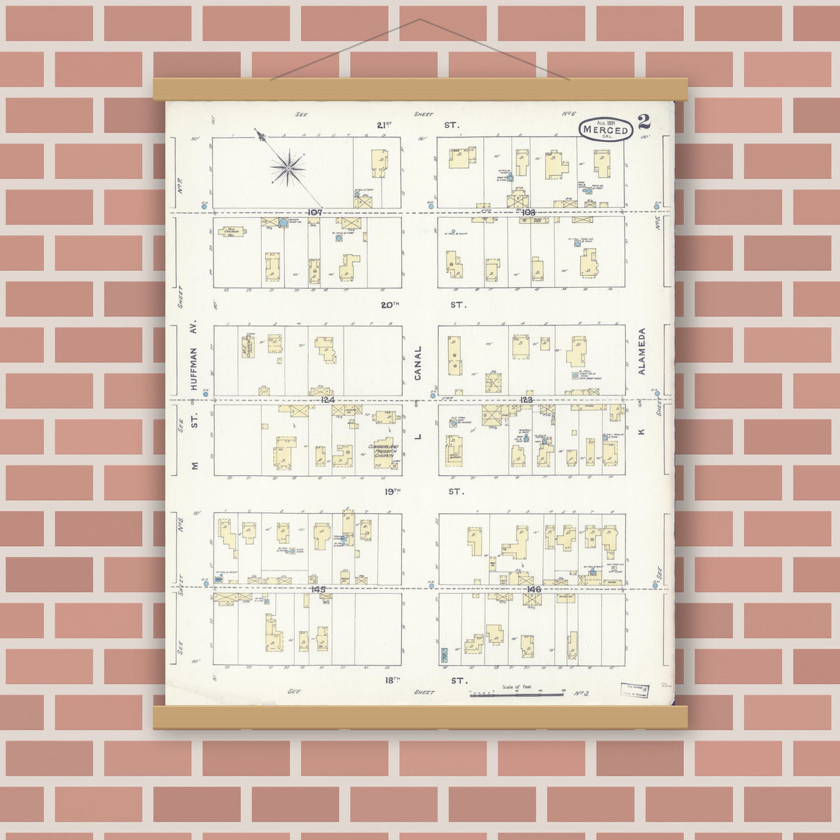 Old map wall art mockup — magnetic wood frame on brick wall — Sanborn Fire Insurance Map from Merced, Merced County, California (1891), Sheet #0002