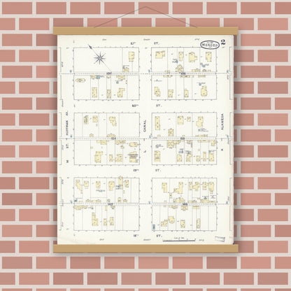 Old map wall art mockup — magnetic wood frame on brick wall — Sanborn Fire Insurance Map from Merced, Merced County, California (1891), Sheet #0002