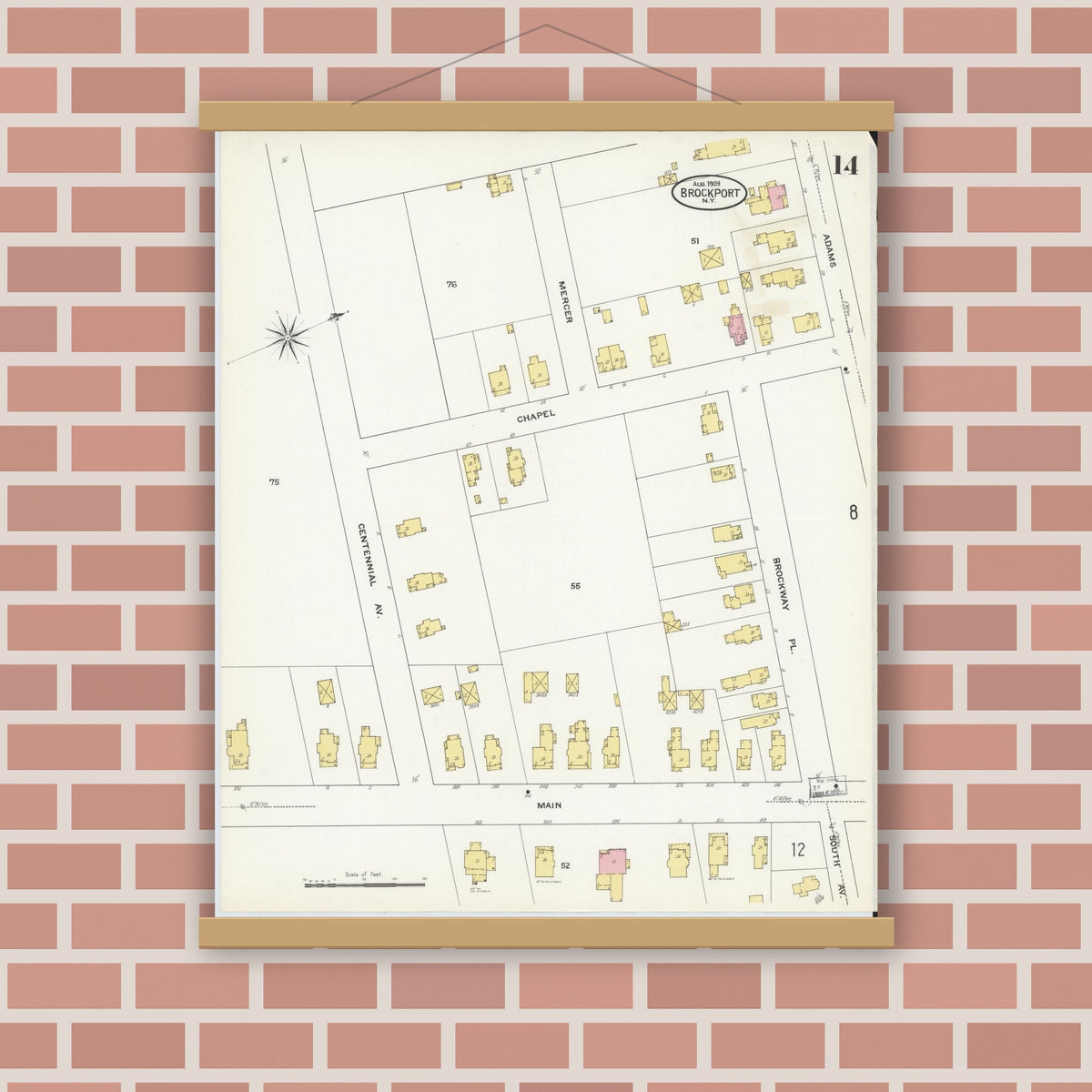 Old map wall art mockup — magnetic wood frame on brick wall — Sanborn Fire Insurance Map from Brockport, Monroe County, New York (1909), Sheet #0014