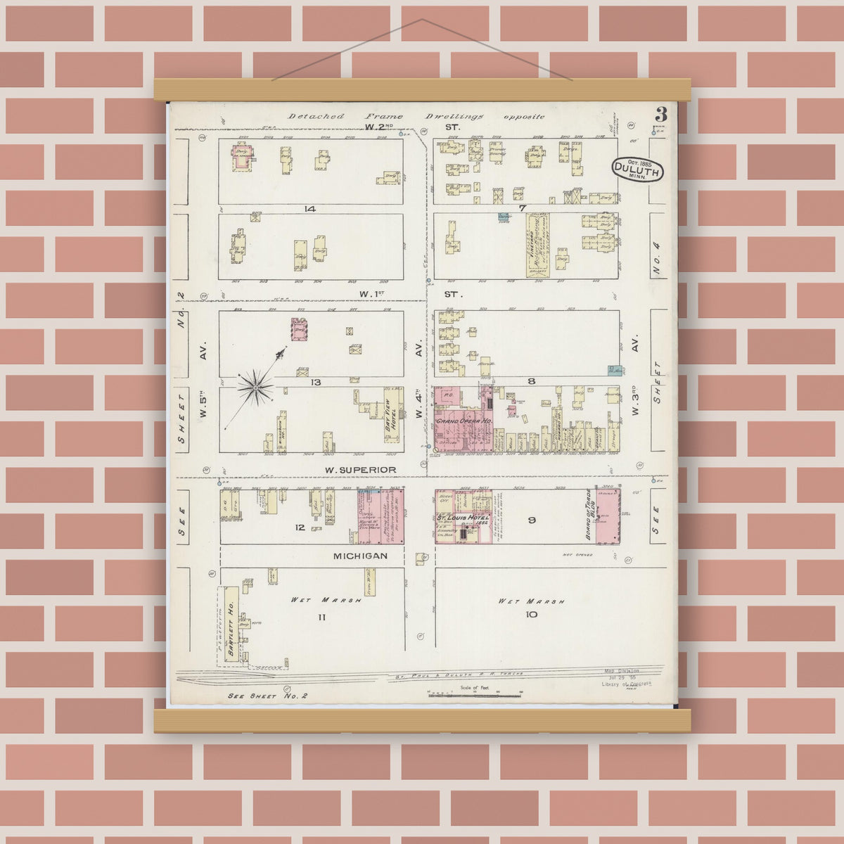 Old map wall art mockup — magnetic wood frame on brick wall — Sanborn Fire Insurance Map from Duluth, Saint Louis County, Minnesota (1885), Sheet #0003