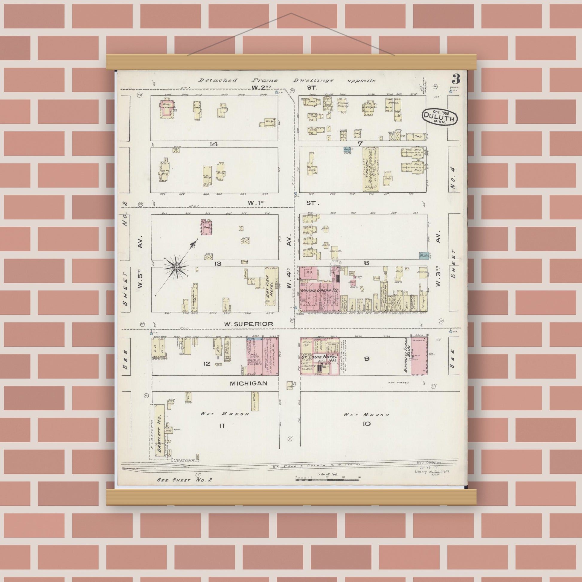 Old map wall art mockup — magnetic wood frame on brick wall — Sanborn Fire Insurance Map from Duluth, Saint Louis County, Minnesota (1885), Sheet #0003
