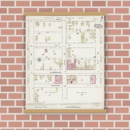 Old map wall art mockup — magnetic wood frame on brick wall — Sanborn Fire Insurance Map from Duluth, Saint Louis County, Minnesota (1885), Sheet #0003