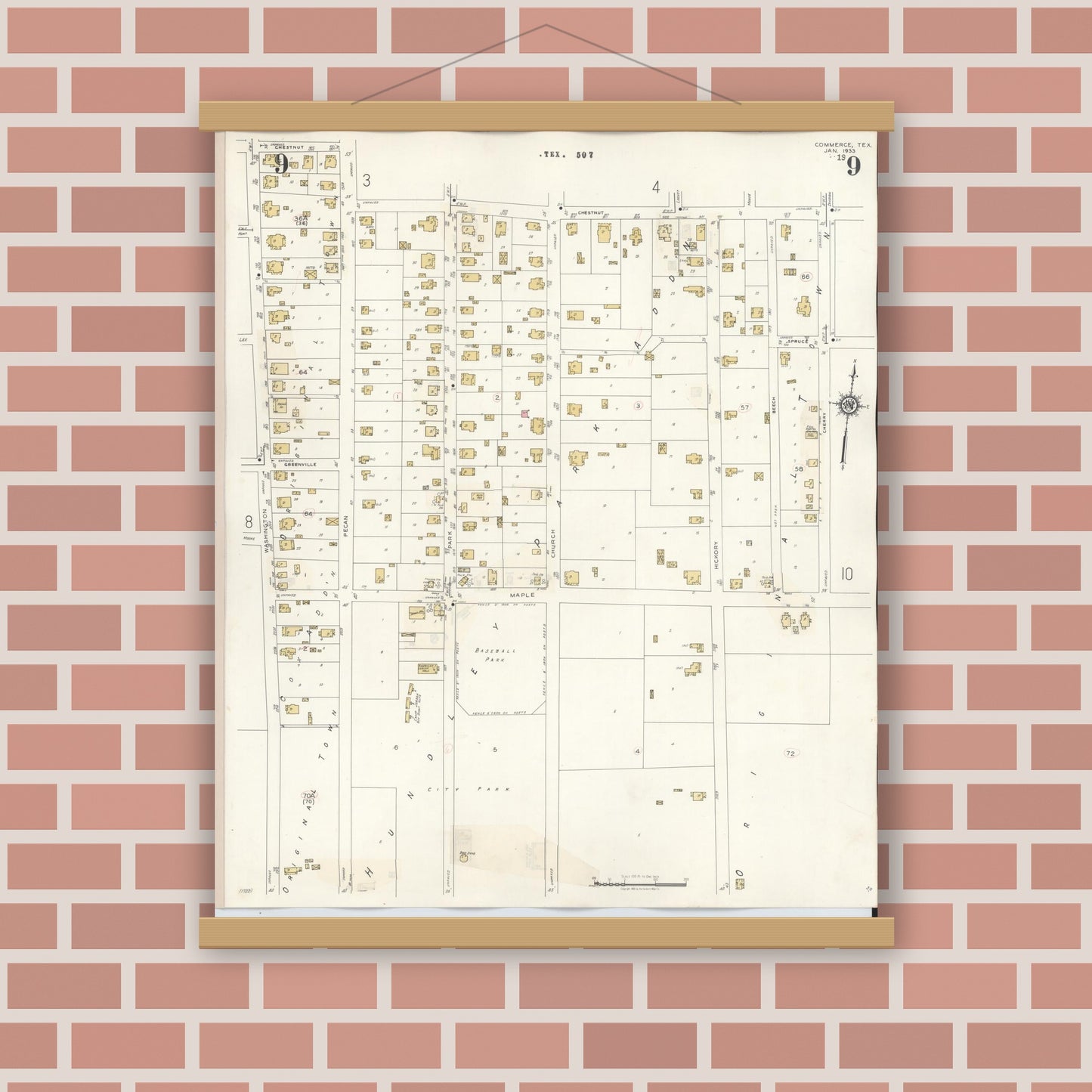 Old map wall art mockup — magnetic wood frame on brick wall — Sanborn Fire Insurance Map from Commerce, Hunt County, Texas (1940), Sheet #0009
