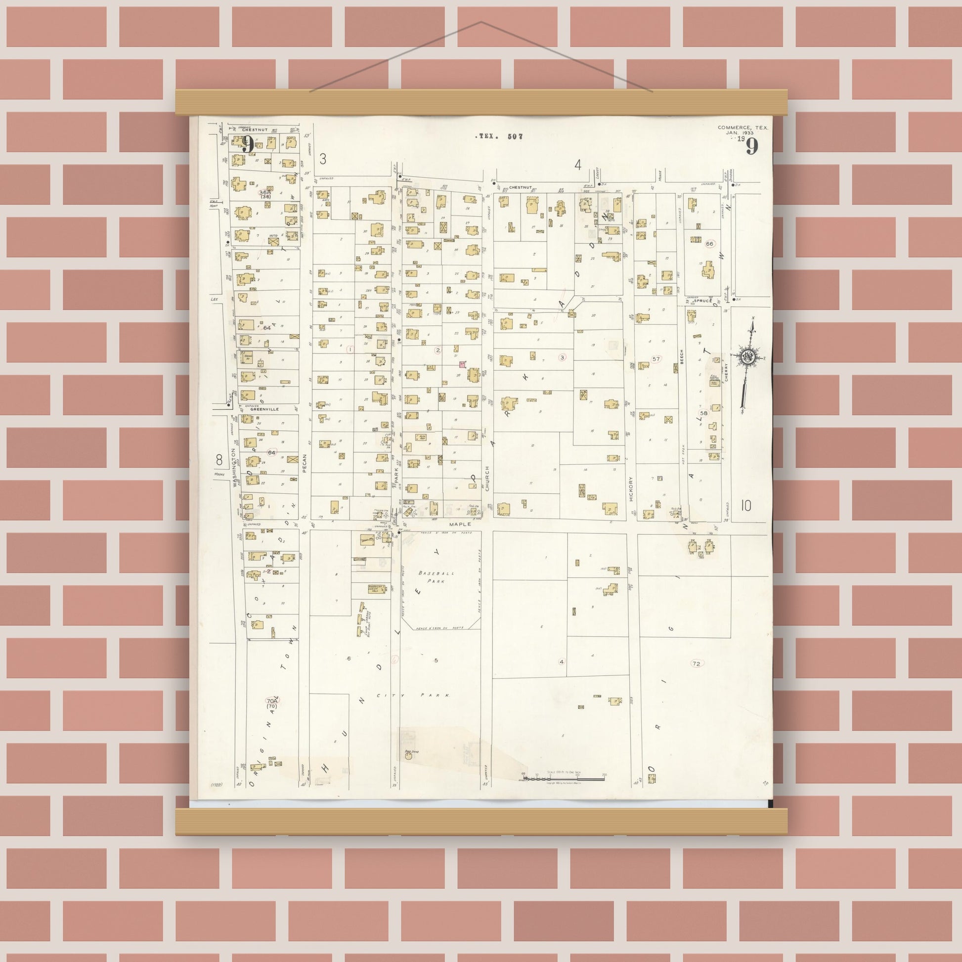 Old map wall art mockup — magnetic wood frame on brick wall — Sanborn Fire Insurance Map from Commerce, Hunt County, Texas (1940), Sheet #0009