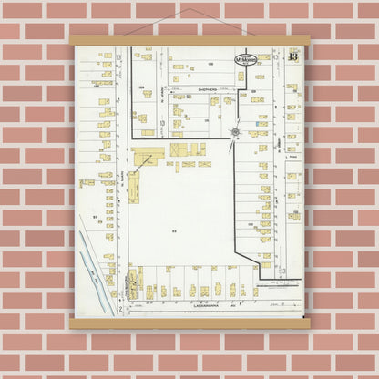 Old map wall art mockup — magnetic wood frame on brick wall — Sanborn Fire Insurance Map from Mount Morris, Livingston County, New York (1921), Sheet #0013