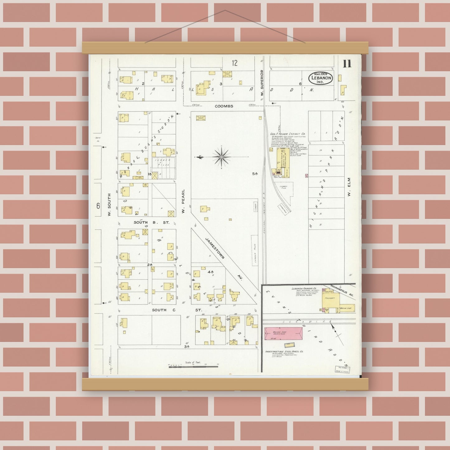Old map wall art mockup — magnetic wood frame on brick wall — Sanborn Fire Insurance Map from Lebanon, Boone County, Indiana (1909), Sheet #0011