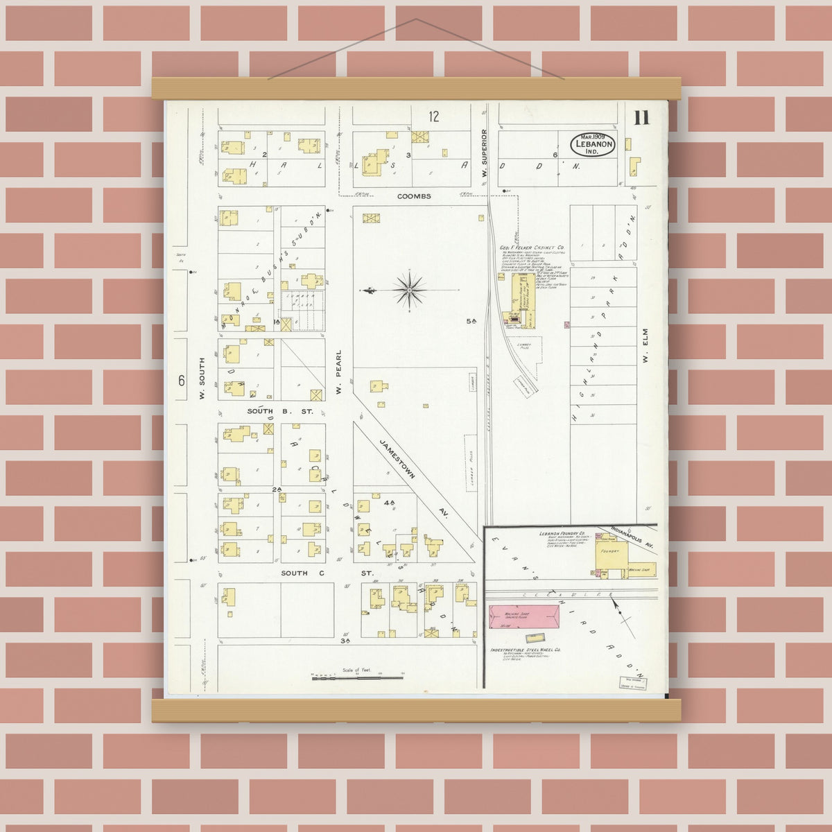 Old map wall art mockup — magnetic wood frame on brick wall — Sanborn Fire Insurance Map from Lebanon, Boone County, Indiana (1909), Sheet #0011