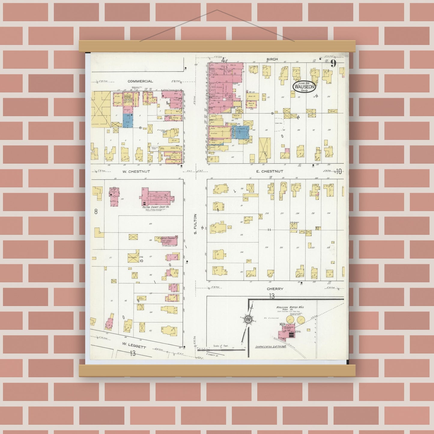 Old map wall art mockup — magnetic wood frame on brick wall — Sanborn Fire Insurance Map from Wauseon, Fulton County, Ohio (1916), Sheet #0009