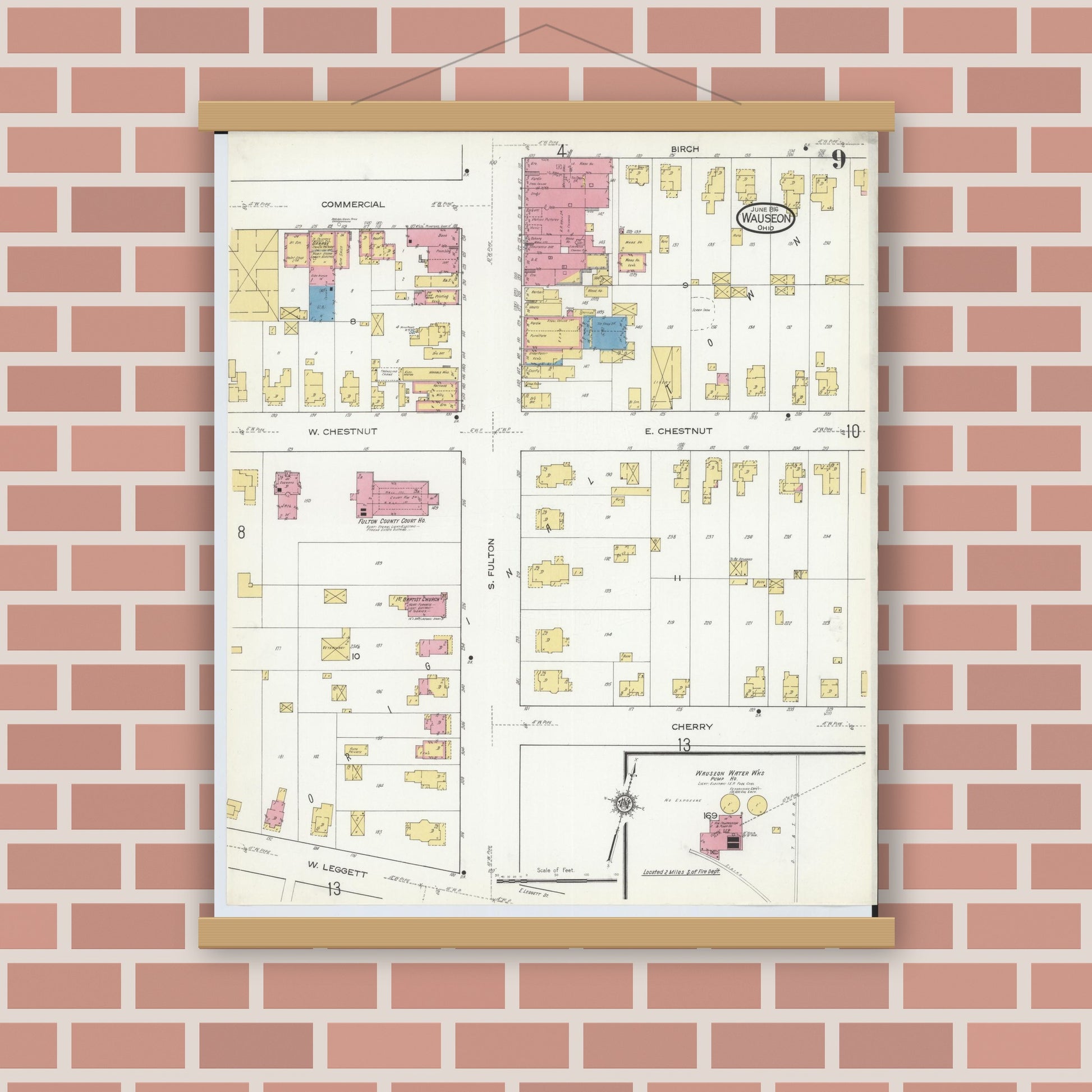 Old map wall art mockup — magnetic wood frame on brick wall — Sanborn Fire Insurance Map from Wauseon, Fulton County, Ohio (1916), Sheet #0009